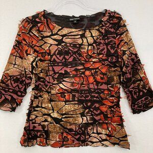 Snoskins Small Brown Red Abstract Art to Wear Stretch 3/4 Sleeve Blouse Festival